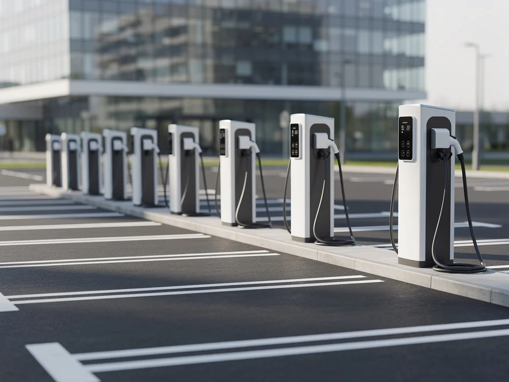 Bornes de recharge alignées sur un parking d'entreprise
