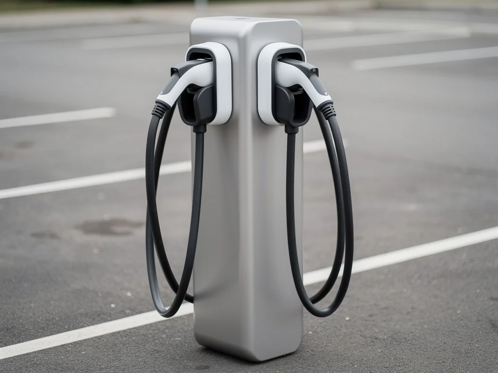 Borne de recharge sur pied double sur un parc de stationnement professionnel